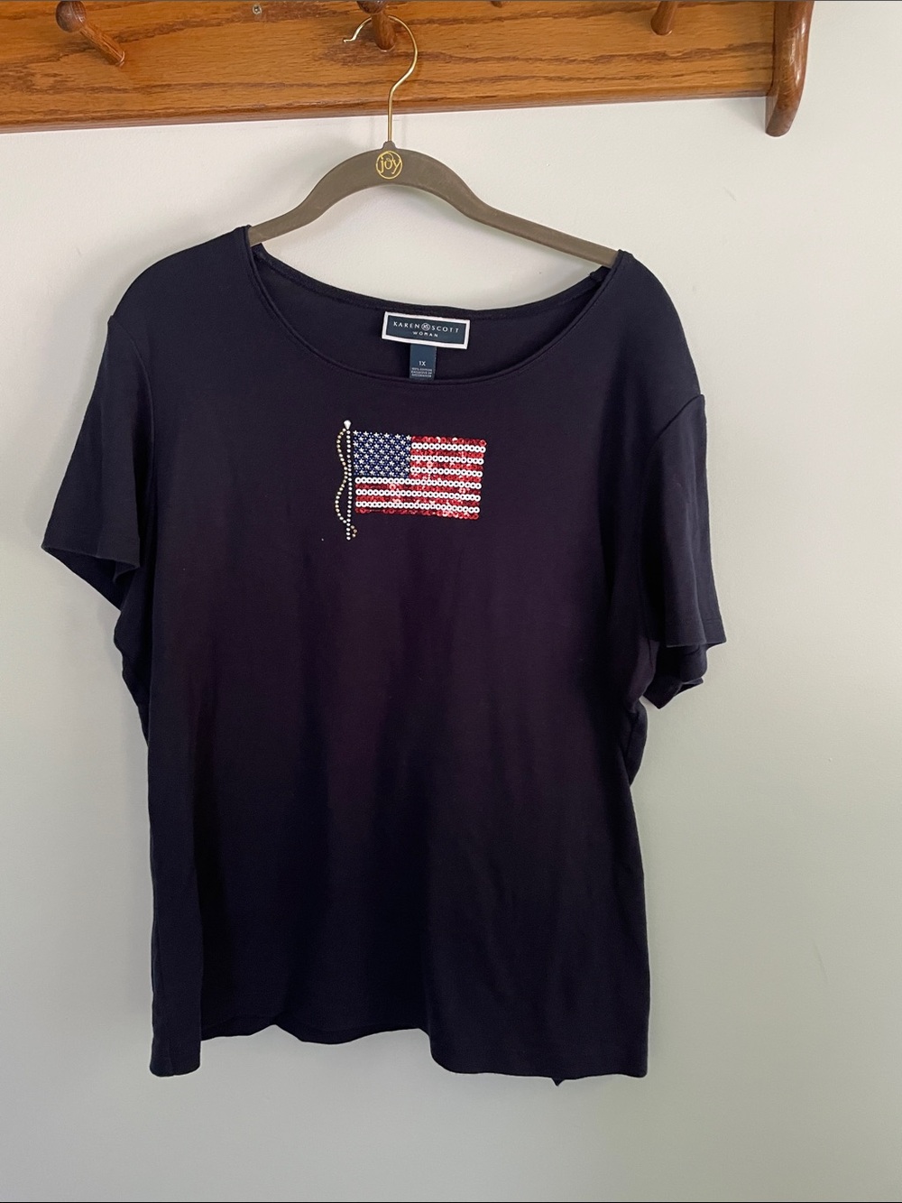 Karen Scott Blue Short-Sleeve Tee with Rhinestone Flag Motif